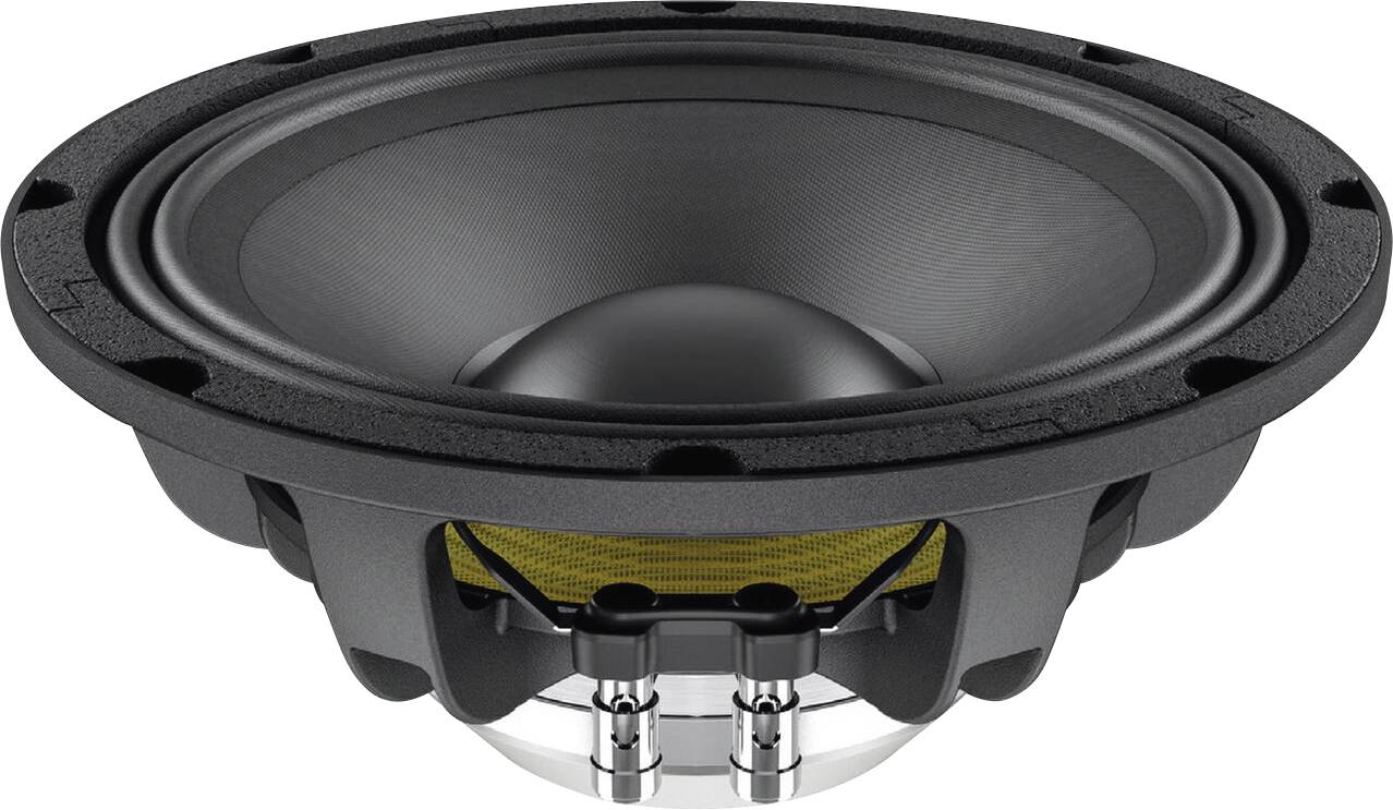 Ein schwarzer und silberner Audiolautsprecher mit einem runden Konus und gelben Akzenten, der zur Soundverstärkung ausgelegt ist und wahrscheinlich Teil eines Stereosystems.