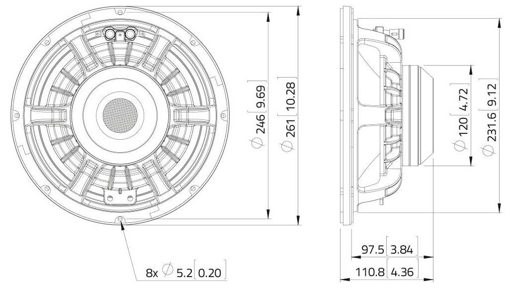 Technische Zeichnung eines Lautsprechers mit Abmessungen. Die Vorderansicht zeigt einen Durchmesser von 261 mm. Die Seitenansicht zeigt eine Tiefe von 120 mm. Mehrere Montagelöcher sind vermerkt.