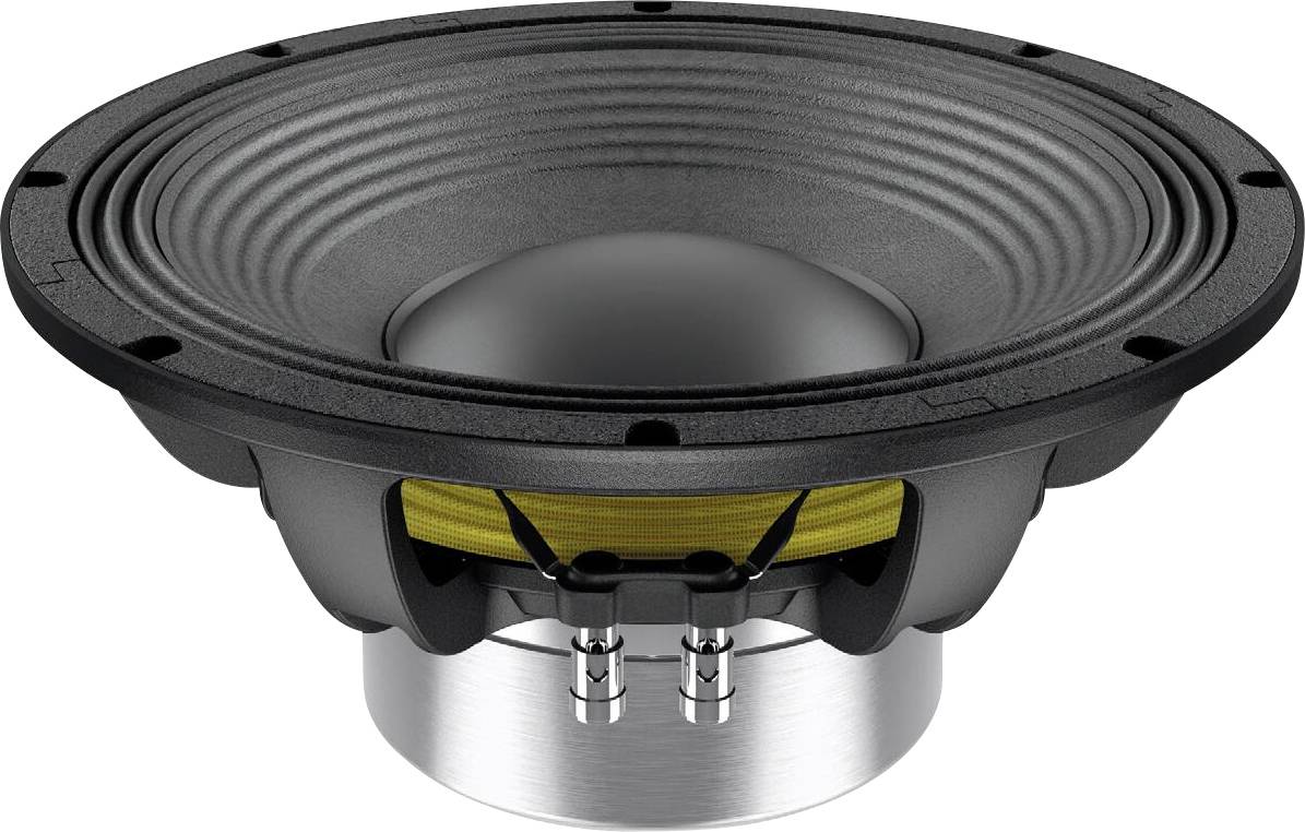 Ein schwarzer Lautsprecher mit einer sichtbaren gelben Aufhängung und zwei Anschlüssen an der Unterseite, die seine Konstruktion und sein Design hervorheben.