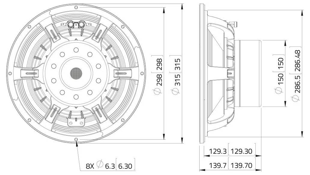 Diagramm eines kreisförmigen Geräts mit Abmessungen: Durchmesser 140 mm, Dicke 57 mm. Montage mit vier M6-Schrauben. Draufsicht und Seitenansicht dargestellt.
