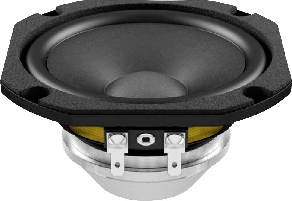 Ein schwarzer Lautsprechertreiber mit einem gelben Sickenring und einer metallisch silbernen Basis, entwickelt für die Soundausgabe in Audiogeräten.