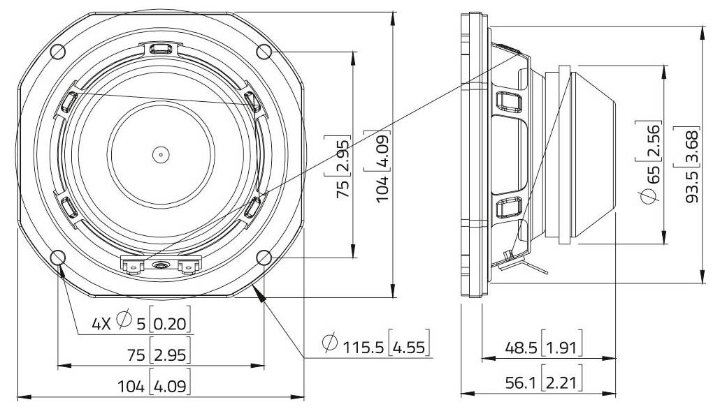 Technisches Schaubild eines kreisförmigen Lautsprechers mit Vorder- und Seitenansicht sowie Abmessungen: 115,5 mm Durchmesser, 75 mm Höhe und Anschlußpunkte.