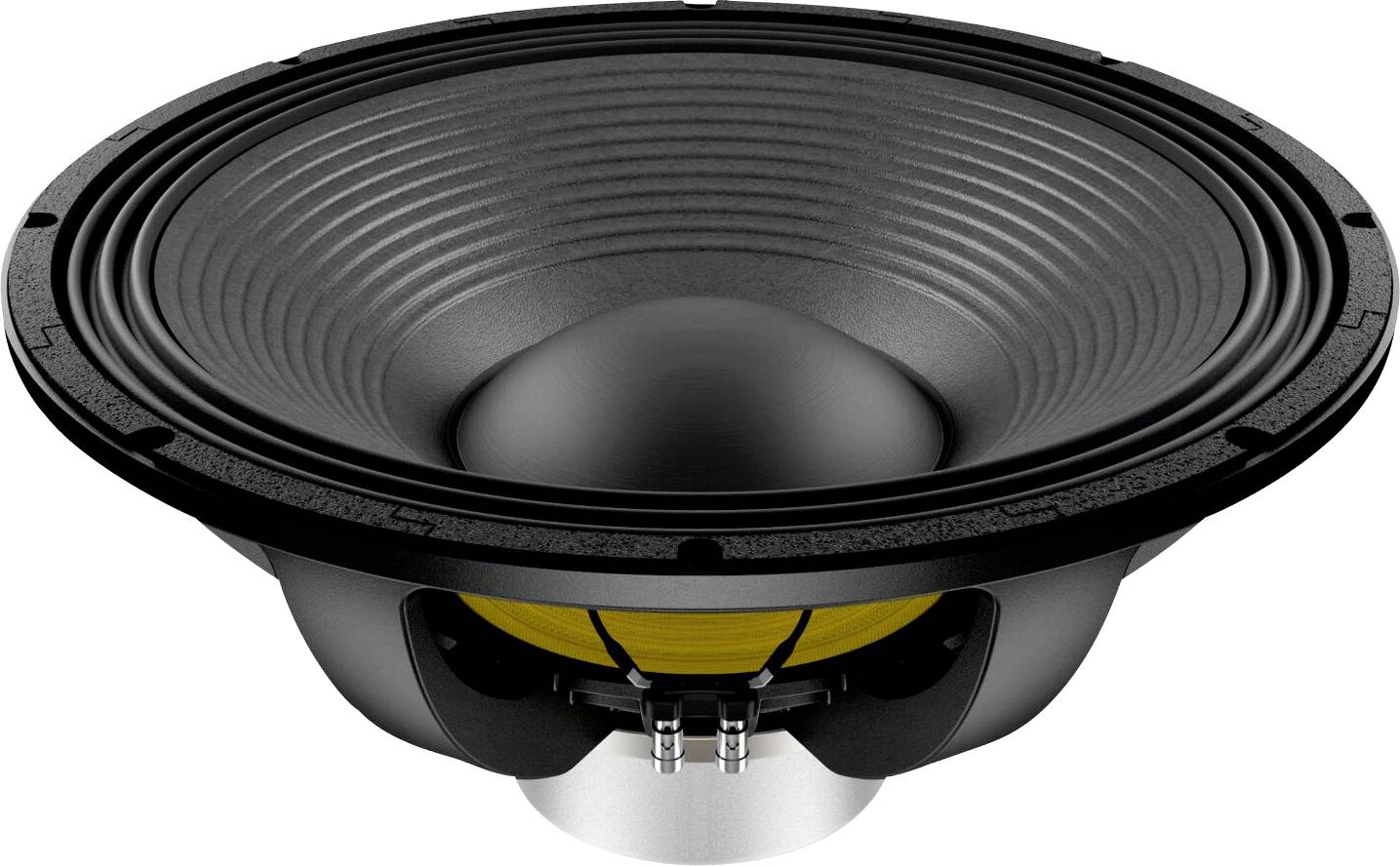 Ein großer schwarzer Audiolautsprecherkegel mit gelbem Inneren, von vorne betrachtet, zeigt die Membran, die Aufhängung und die Anschlussklemmen.