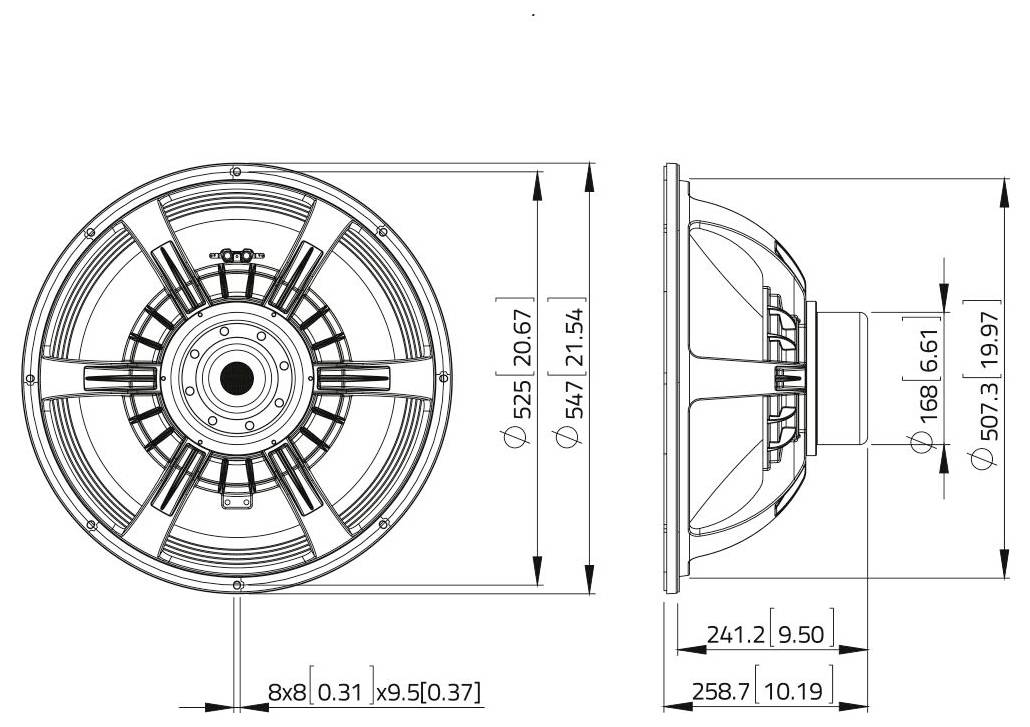 Technische Zeichnung eines Lautsprechers mit Vorder- und Seitenansicht sowie Abmessungen. Wichtige Messwerte umfassen Durchmesser und Tiefe.