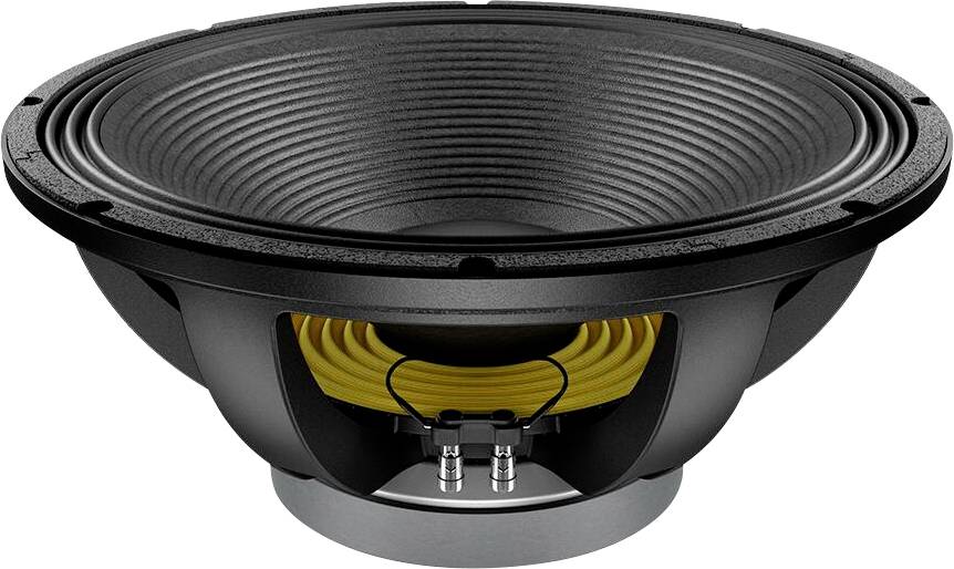 Ein großer schwarzer Lautsprecher mit einer sichtbaren gelben Spule und silbernen Anschlüssen an der Unterseite, verwendet für Audiosysteme.