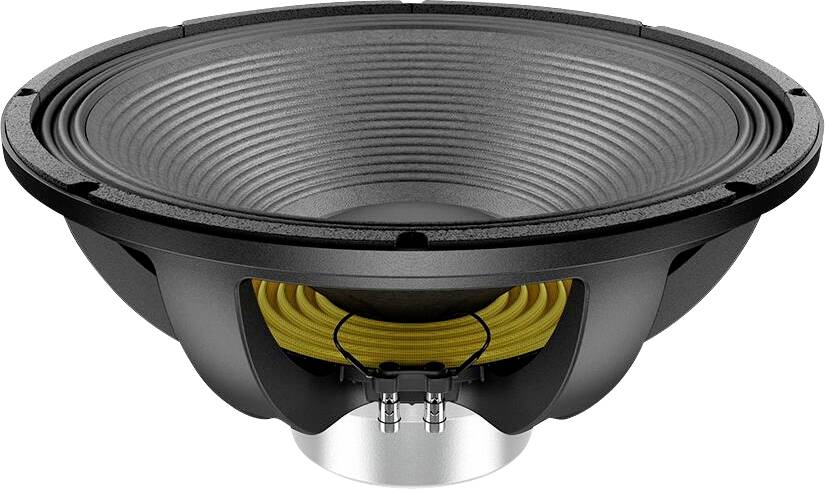 Eine Nahaufnahme einer großen Lautsprechermembran, die die Membran, die gelbe Spule und den schwarzen Rahmen zeigt und die Konstruktionselemente eines Lautsprechers veranschaulicht.