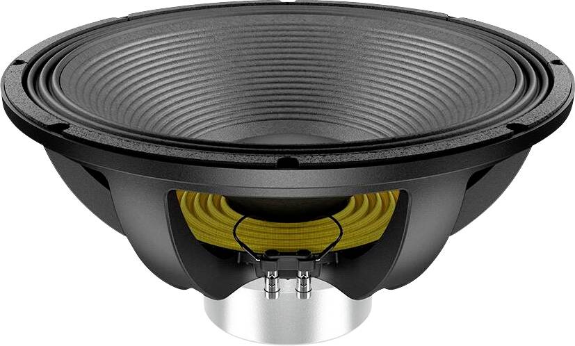 Ein großer schwarzer Lautsprecher mit geripptem Konusdesign und sichtbaren gelben Komponenten im Inneren, was seine Verwendung in Soundsystemen anzeigt.