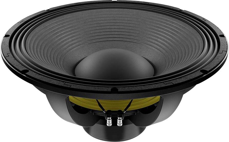 Ein schwarzer Audiolvorsprecher-kegel mit kreisförmigem Design, breitem Rand, gerippter Oberfläche und zwei Eingangssteckern unten.