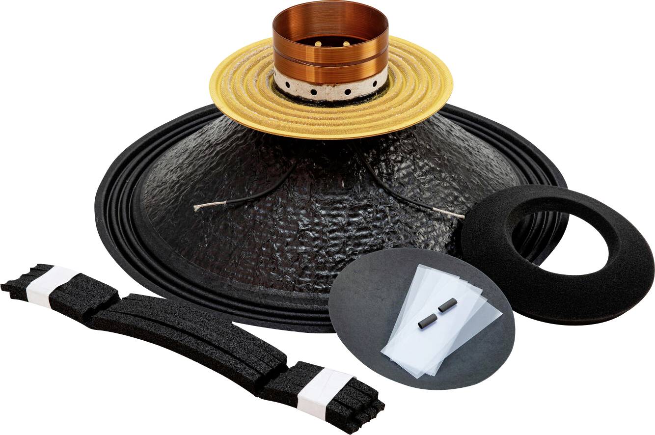 Ein Lautsprecherreparatursatz mit einer Membran mit angebrachter Schwingspule, Schaumstoff-Sicke und zusätzlichen Komponenten zur Montage.