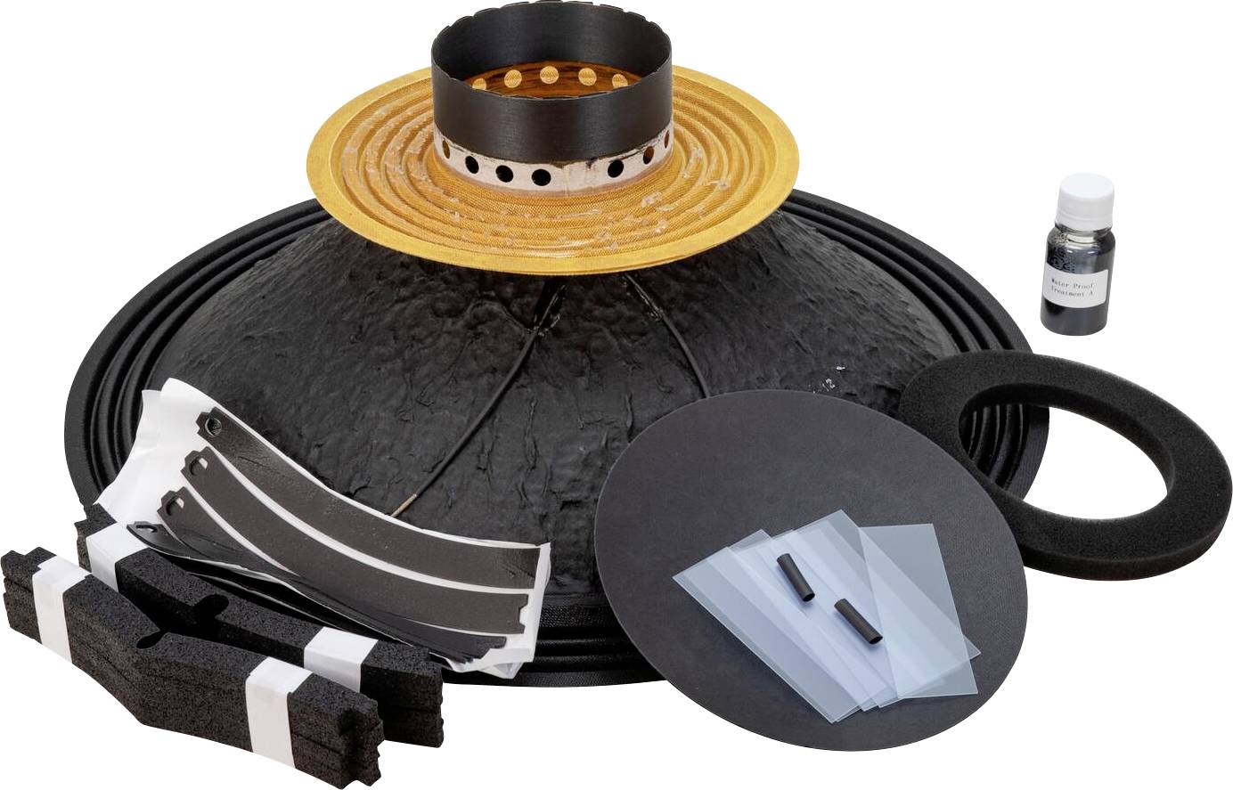 Lautsprecherrepatur-Set mit Membran, Schaumstoff-Sicke, Spule und Klebstoff. Enthält Schutzkappe, Dichtungsstreifen und Anleitungsmaterial.