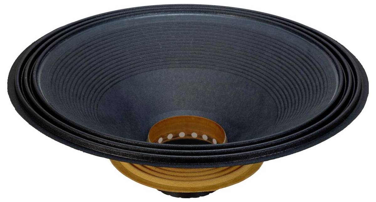 Nahaufnahme eines schwarzen Audiosprechercones mit einer gerippten Oberfläche und einem braunen inneren Ring, die sein detailliertes Design und seine Struktur zeigt.