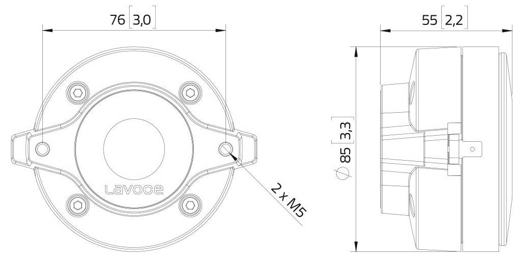 Technisches Diagramm eines mechanischen Bauteils mit Abmessungen: 76x30 mm und 55x22 mm. Befestigungslöcher gekennzeichnet als 2xM5. Seitenansicht Abmessungen 85x33 mm.