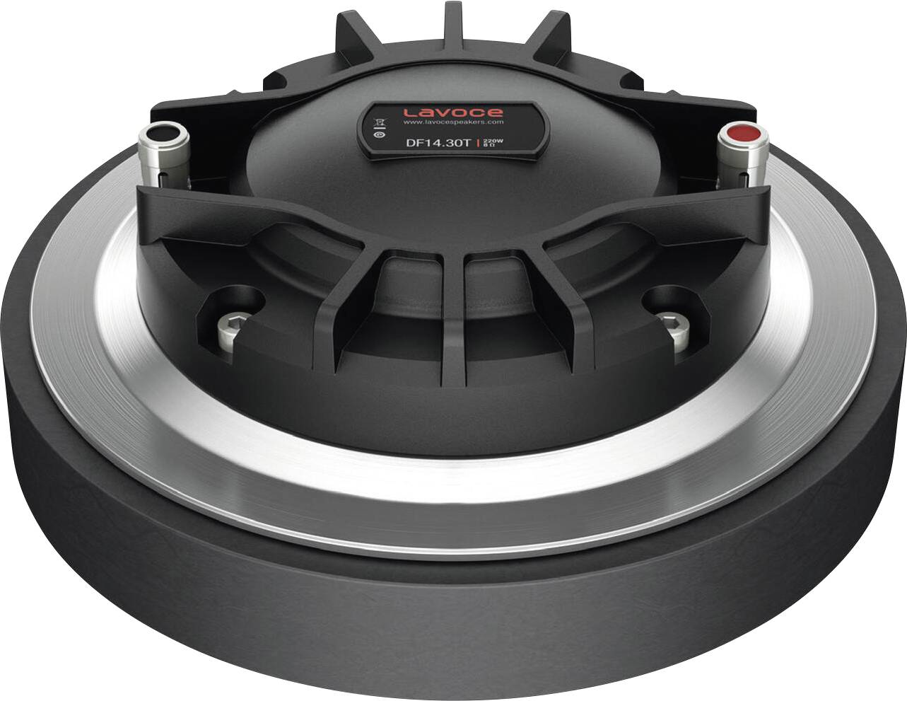 Ein schwarzes kreisförmiges Lautsprechermembran mit sichtbarer Marke „Lavoce