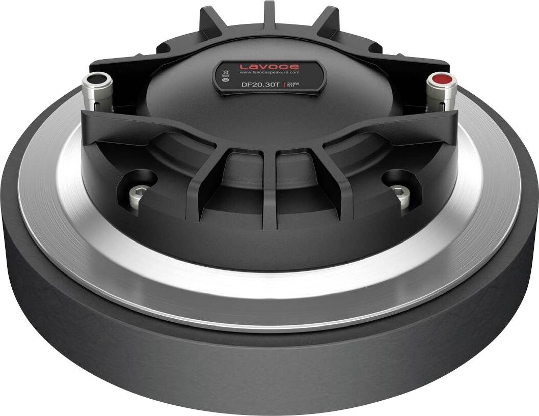 Ein schwarzer und silberner Audiotreiber mit einem runden, gerillten Design, mit dem Markennamen „Lavoce