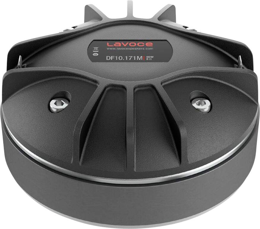 'LaVoce DF10.171M' Lautsprecher-Chassis, schwarz, mit matter Oberfläche und zwei sichtbaren Schrauben auf seiner Oberfläche.