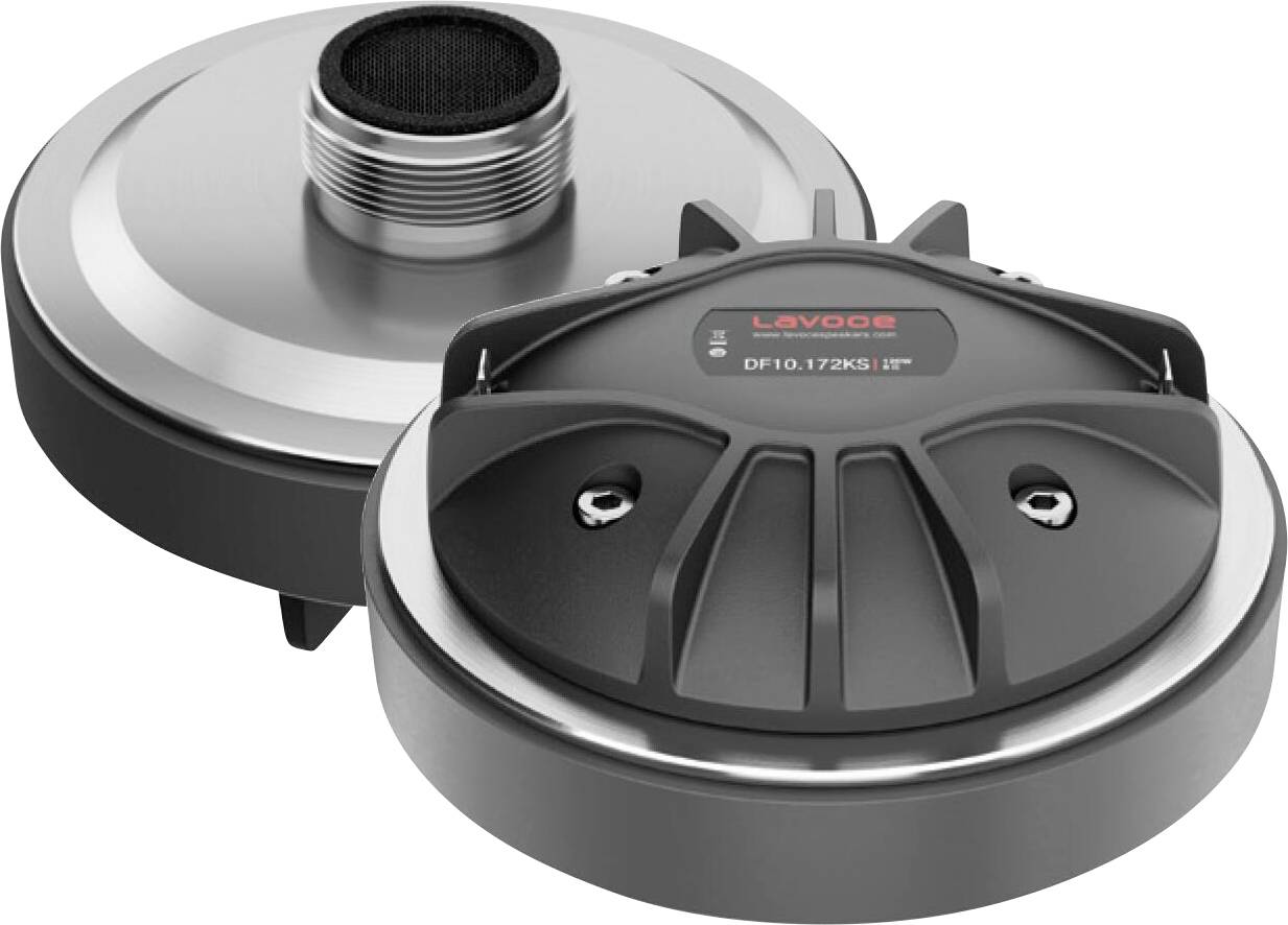 Zwei schwarze und silberne Lautsprecherkomponenten mit einem Etikett, auf dem „LaVoce DF10.172K3