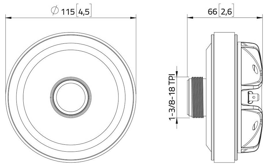 Technische Zeichnung eines Lautsprechers, die Vorder- und Seitenansichten mit detaillierten Maßen in Millimetern und Zoll zeigt.