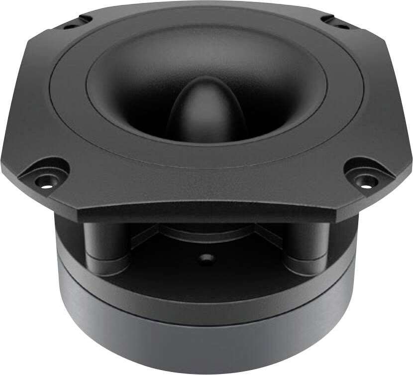 Ein Nahaufnahmebild einer schwarzen Hochtöner-Lautsprecherkomponente, die ihr kreisförmiges Design und die Membran in der Mitte präsentiert, die in Soundsystemen verwendet wird.