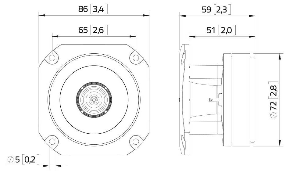 Technische Zeichnung eines kreisförmigen Bauteils mit Flansch, gekennzeichnete Abmessungen in Millimetern und Zoll: 86 (3,4), 65 (2,6), 59 (2,3), 51 (2,0) und 72 (2,8).