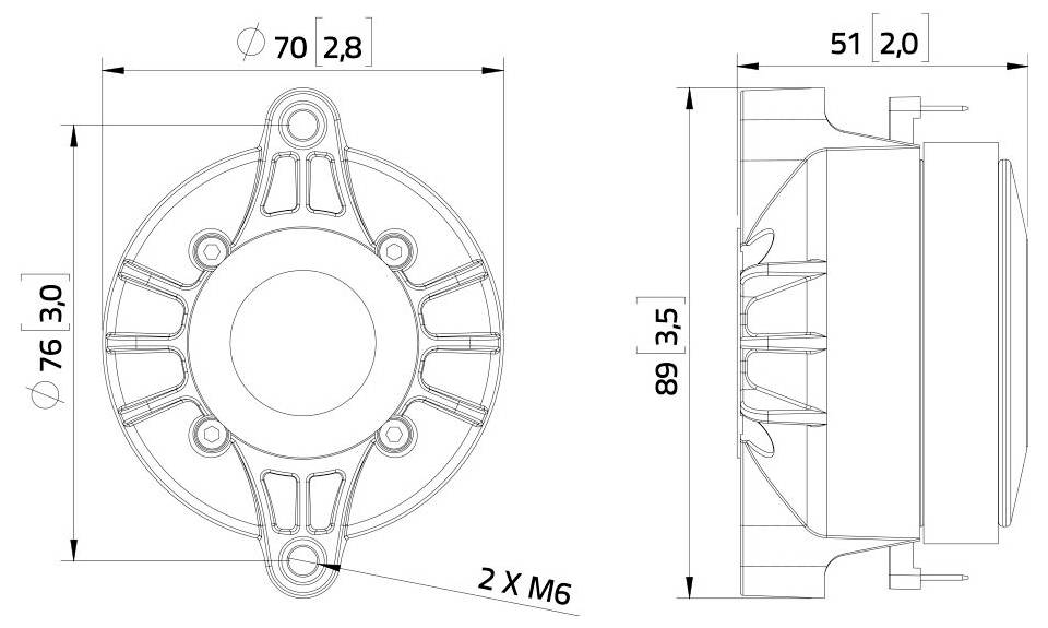 Technische Zeichnung eines kreisförmigen Lüfters mit Vorder- und Seitenansicht mit detaillierten Abmessungen: 76 mm Durchmesser, 89 mm Höhe und 51 mm Tiefe.