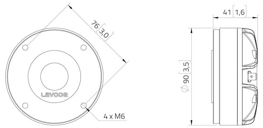 'LaVoce' Markenlautsprecher mit kreisförmigem Design - Schemazeichnung. Vorder- und Seitenansicht mit Abmessungen: 76 mm Durchmesser Vorderseite, 90 mm Tiefe Seitenansicht, 4 Befestigungslöcher.