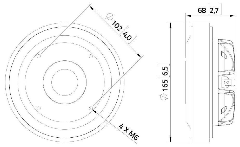 Technische Zeichnung eines kreisförmigen Lautsprechergehäuses mit beschrifteten Abmessungen: 165 mm Durchmesser, 68 mm Tiefe und Befestigungslöcher.