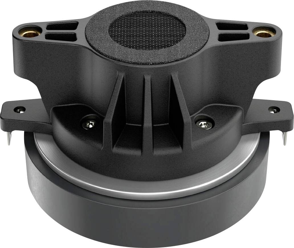 Eine schwarze Audiosprecherkomponente mit kreisförmigem Gitter und Befestigungslöchern, entwickelt für hochfrequente Schallwiedergabe in Audiosystemen.