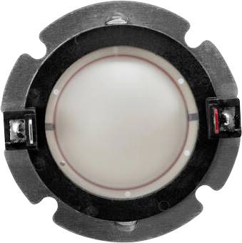 Ein Nahaufnahmebild einer kreisförmigen Blendenbaugruppe mit einem metallischen äußeren Ring und einer weißen zentralen Membran, mit kleinen Befestigungsclips.