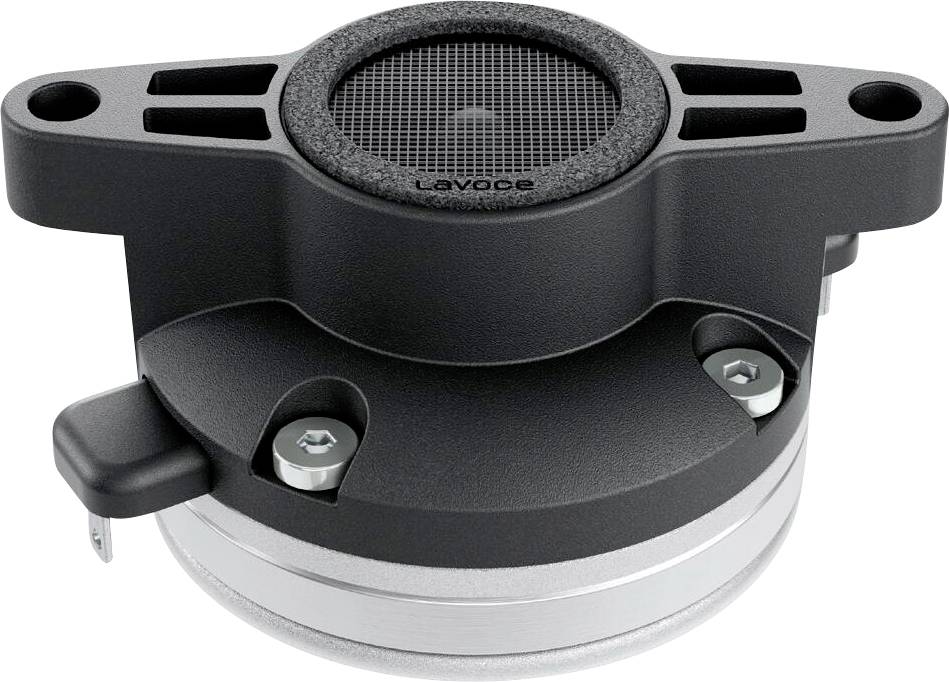 Nahaufnahmebild eines LavOce-Audiolautsprechers mit kreisförmigem Schutzgitter, zwei Befestigungslöchern und kompaktem Design.