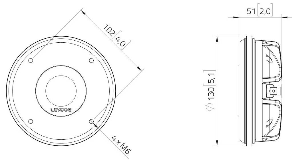 „Technische Zeichnung eines kreisförmigen Geräts mit Vorder- und Seitenansicht, einschließlich Abmessungen: Durchmesser 130 mm, Tiefe 51,2 mm, gekennzeichnet mit 4x M6-Schrauben.