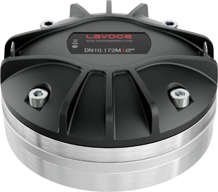 Ein kreisförmiger schwarzer Lautsprecher mit metallischem Rand, zeigt das Etikett „Lavoce DN10.172M