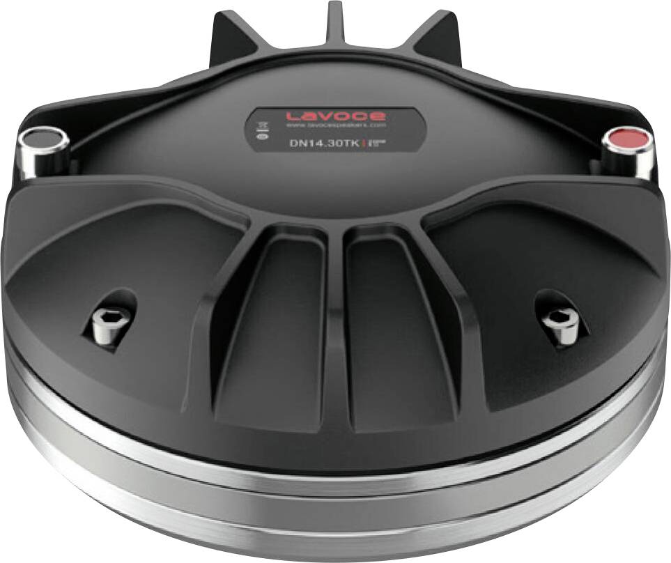 Ein runder, schwarzer Lautsprecher mit silbernen und roten Akzenten, auf dessen Oberfläche der Markenname und die Modellnummer „LAVOCE DN14.30TK