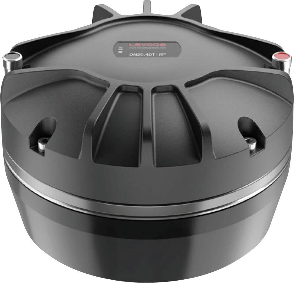 Das Bild zeigt einen Lavoce DN20.40T Kompressionstreiber in Schwarz mit einem eleganten, modernen Design, sichtbaren Befestigungspunkten und einem Etikett auf der Oberseite.