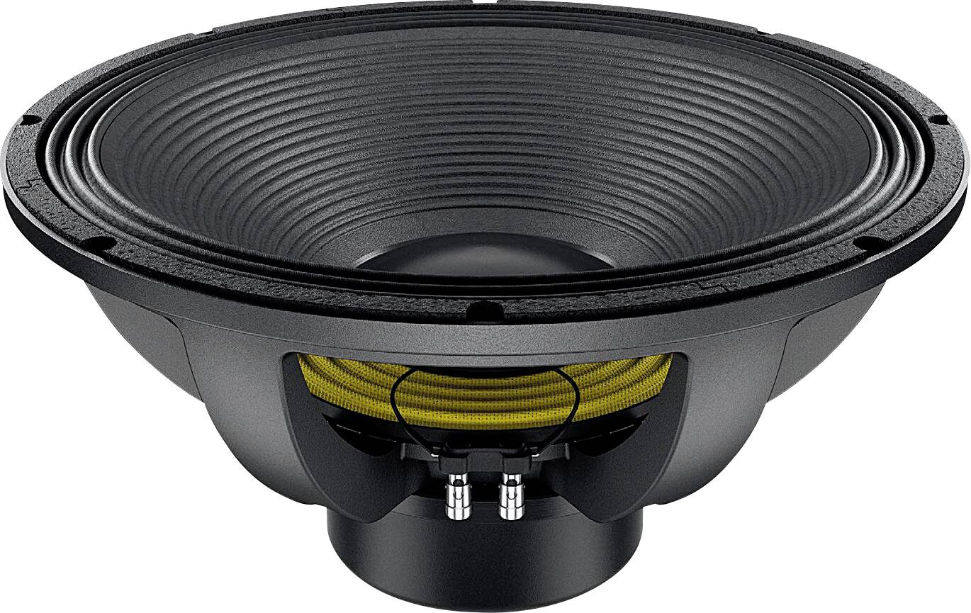 Ein Nahaufnahmebild einer großen schwarzen Lautsprechermembran mit einem gelben Stützring und Metallverbindern, von der Seite betrachtet.