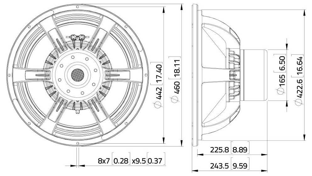 Technische Zeichnung eines runden Lautsprechers mit detaillierten Abmessungen, einschließlich eines Durchmessers von 460 mm und einer Tiefe von 165 mm. Zusätzliche Dimensionen und Spezifikationen sind vermerkt.