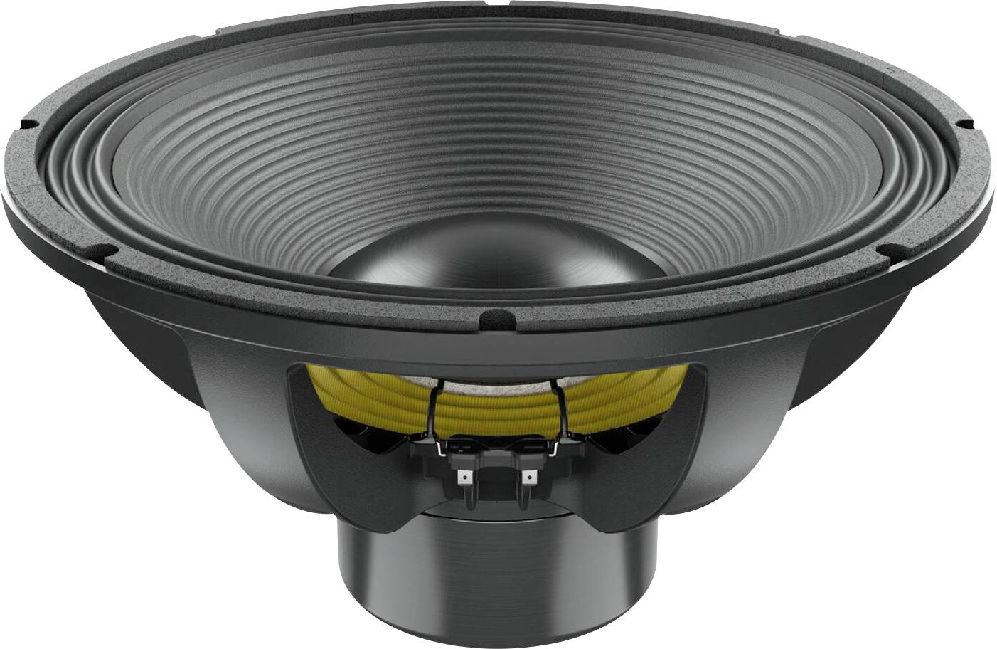 Ein schwarzer Audiolautsprecherkegel mit sichtbarer gelber Aufhängung und metallischer Basis, entwickelt für Soundverstärkung und Klarheit.