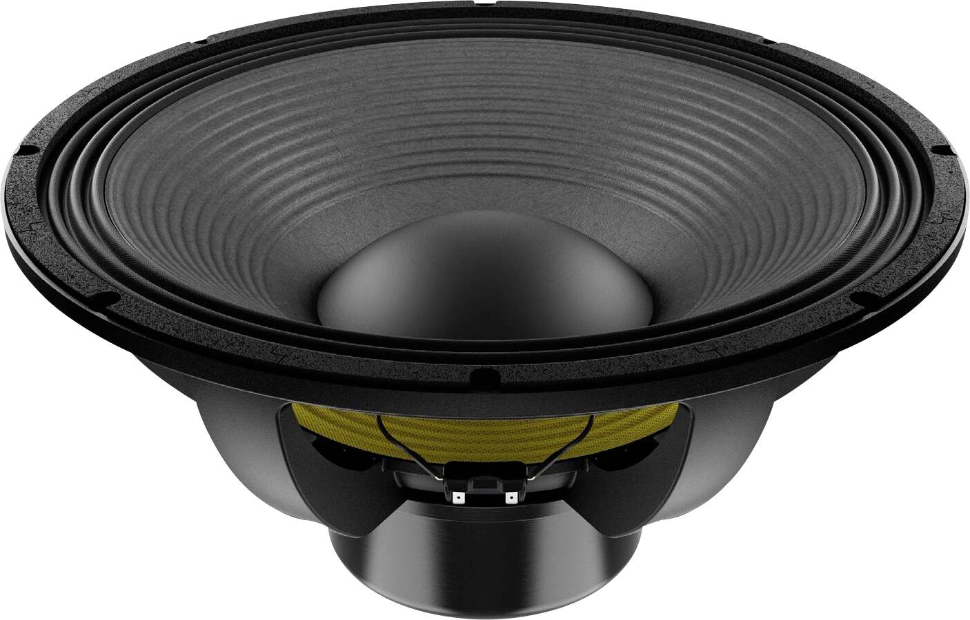 Ein großer schwarzer Lautsprecherkegel mit sichtbarer Spule und Rahmen, was auf seine Verwendung in Audiosystemen zur Erzeugung tiefer Basstöne hindeutet.