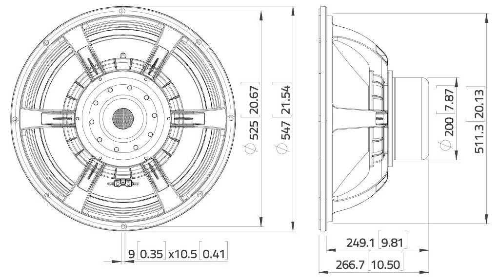 Technische Zeichnung eines Lautsprechers mit Vorder- und Seitenansicht. Die Abmessungen sind in Millimetern und Zoll gekennzeichnet und geben Größen und Spezifikationen an.