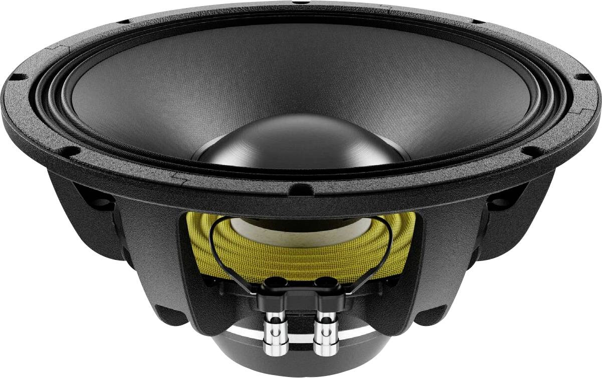 Eine Nahaufnahme eines schwarzen Lautsprechercones mit einer gelben Aufhängung in einem kreisförmigen Gehäuse, die die Struktur und das Design des Lautsprechers hervorhebt.