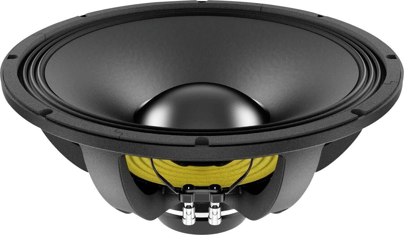 Ein schwarzer Lautsprecher mit gelbem, geripptem Rand und metallischen Anschlüssen an der Basis, was auf Audioausrüstung oder ein Lautsprecherteil hinweist.