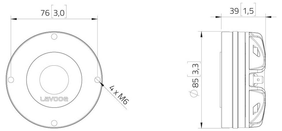 Mechanisches Diagramm mit Draufsicht und Seitenansicht einer kreisförmigen Komponente mit Abmessungen von 76 und 39 Einheiten in eine Richtung, 85 Einheiten in die andere Richtung und „4 x M6
