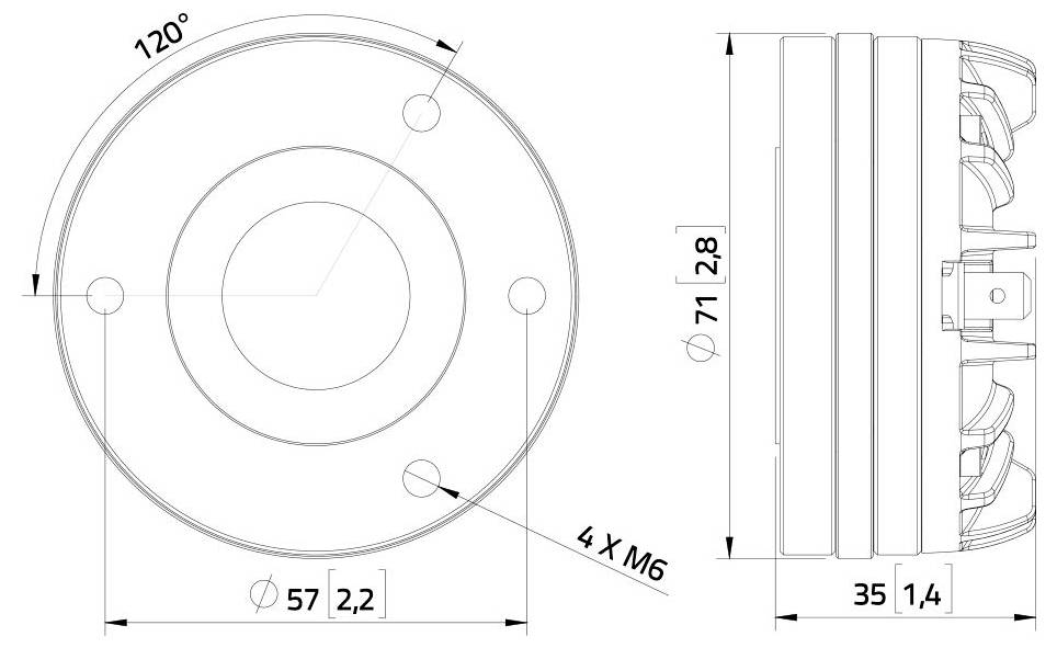Technische Zeichnung eines Lautsprechers. Die Vorderansicht zeigt ein kreisförmiges Design mit 4 Befestigungslöchern, die Seitenansicht zeigt eine Höhe von 71 mm und eine Tiefe von 35 mm.