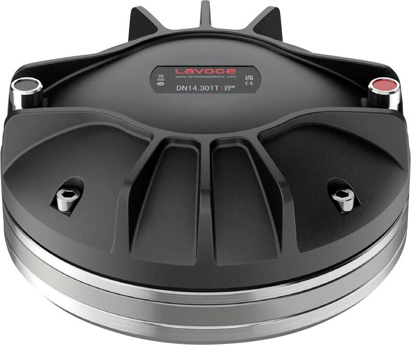 Eine kreisförmige schwarze Audiokomponente mit einer zentralen Beschriftung „LAVOCE DN14.30T