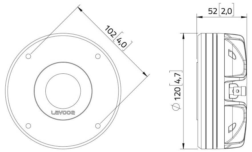 Eine technische Zeichnung eines kreisförmigen Bauteils mit den Maßen: Durchmesser 102 mm und 120 mm, Dicke 52 mm. Mehrere Winkel dargestellt.