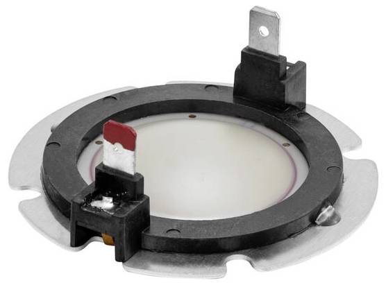 Eine kreisförmige Lautsprechermembran mit metallischem Rahmen und zwei angebrachten elektrischen Anschlüssen.