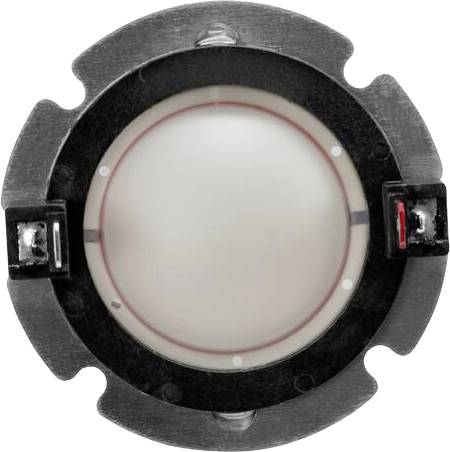 Eine Nahaufnahme einer runden LED-Komponente mit einer zentralen weißen Linse, einem grauen Gehäuse und zwei kleinen rechteckigen Anschlüssen auf gegenüberliegenden Seiten.