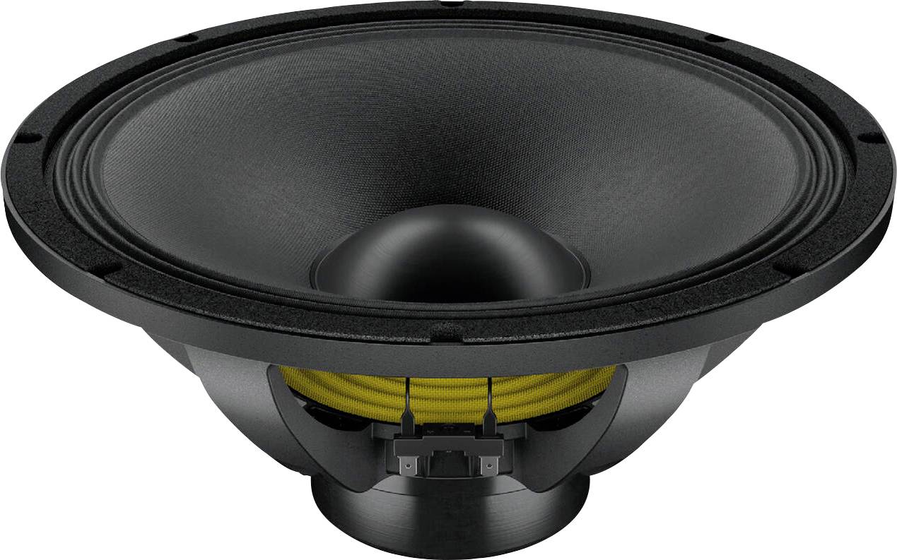 Ein schwarz-grauer Lautsprechertrichter mit gelber Aufhängung, konzipiert für die Audioausgabe, von oben gesehen mit sichtbarer Verkabelung und Befestigungslöchern.