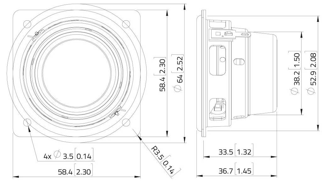 Technische Zeichnung eines mechanischen Bauteils mit Maßen und Anmerkungen, von oben und von der Seite betrachtet, zeigt kreisförmige und rechteckige Komponenten.