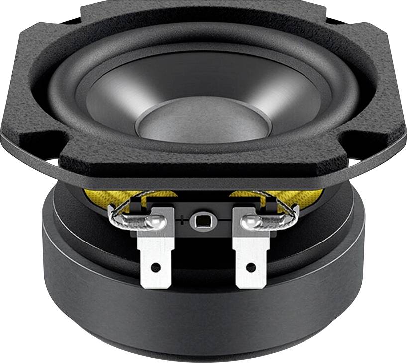 Ein schwarzer Lautsprecher mit kreisförmiger Membran, gelber Sicke und zwei metallischen Anschlüssen an der Unterseite.