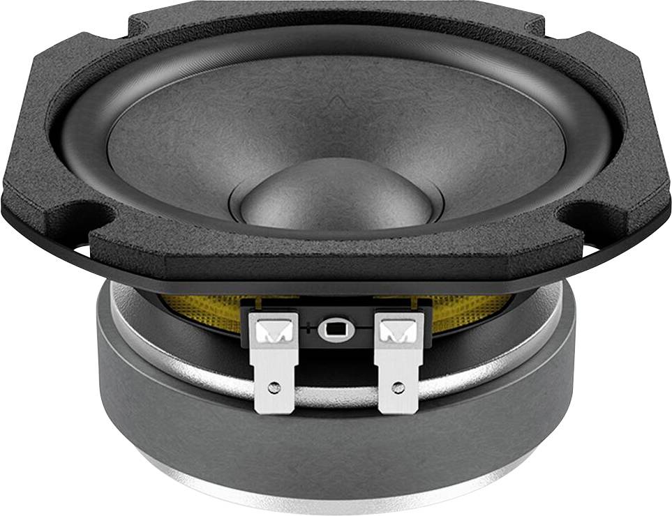 Ein schwarzer Lautsprecher mit kegelförmiger Membran und metallischem Befestigungsrahmen, von oben im Winkel betrachtet, zeigt die Anschlussklemmen.